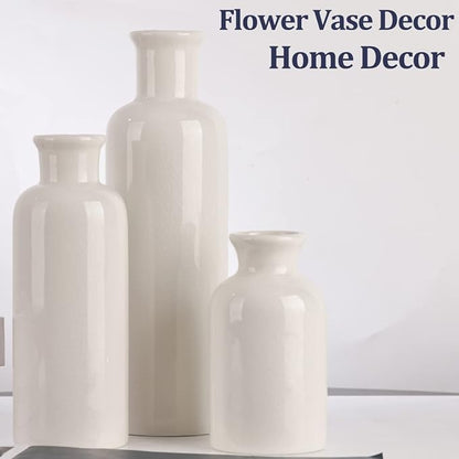 White Ceramic Vase Set - 3 White Small Vases, Farmhouse Country Flower Vase Home Decor, Living Room Decoration, Table Decoration, Fireplace Decor, and Entrance Decorations Centerpieces