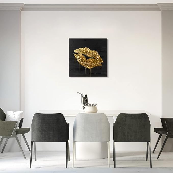 Black and Gold Lip Canvas Wall Art Gold Wall Decor Fashion Glam Poster Kiss Picture for Bedroom Bathroom Wall Decoration Ready to Hang 20x20Inch