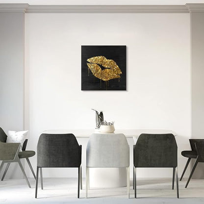 Black and Gold Lip Canvas Wall Art Gold Wall Decor Fashion Glam Poster Kiss Picture for Bedroom Bathroom Wall Decoration Ready to Hang 20x20Inch