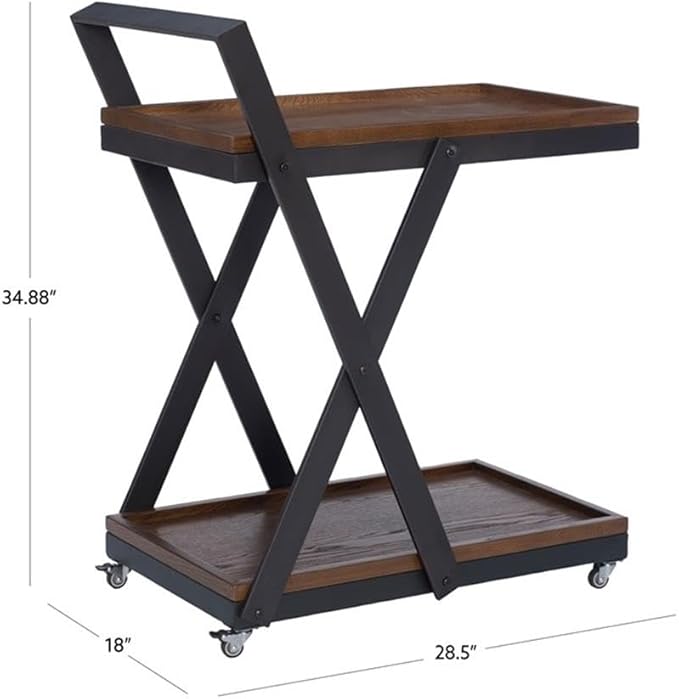 Linon Carley Dark Rustic Wood 2 Level Rolling Bar Cart with Metal Frame in Black
