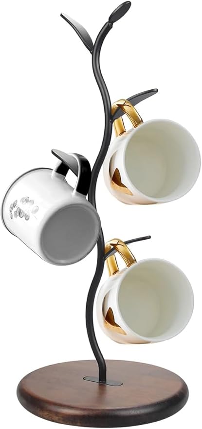 Mi hogar Leaf-Shaped Mug Tree Stand for Kitchen Counter, Modern Tabletop Organizer Holds 4 Mugs with Stable Round Base, Decorative Storage Rack for Coffee & Tea Cups