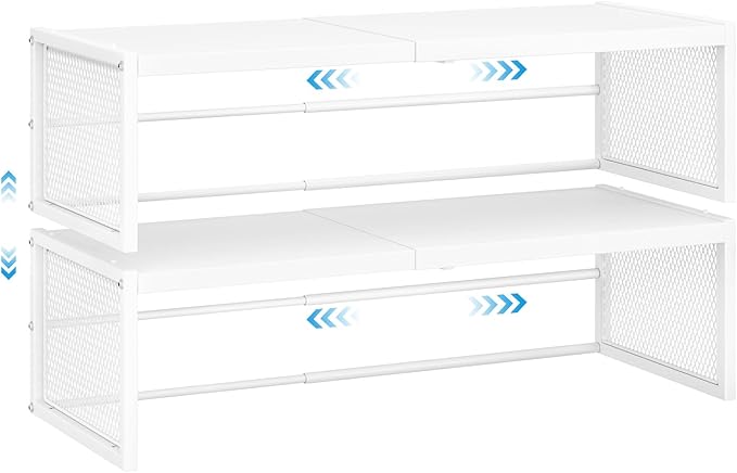 2 Pack Expandable Storage Cabinet, Stackable Pantry and Kitchen Organizers Shelf, Countertop Cabinet Storage Shelves Organizers, Spice Rack, Metal Storage Bins for Spice Can Plate Mug Cups, White