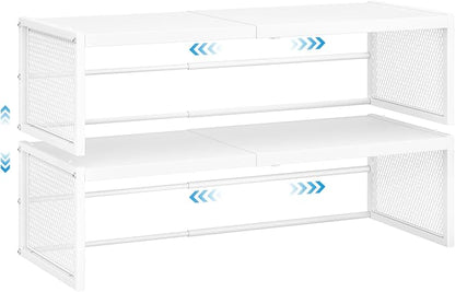 2 Pack Expandable Storage Cabinet, Stackable Pantry and Kitchen Organizers Shelf, Countertop Cabinet Storage Shelves Organizers, Spice Rack, Metal Storage Bins for Spice Can Plate Mug Cups, White