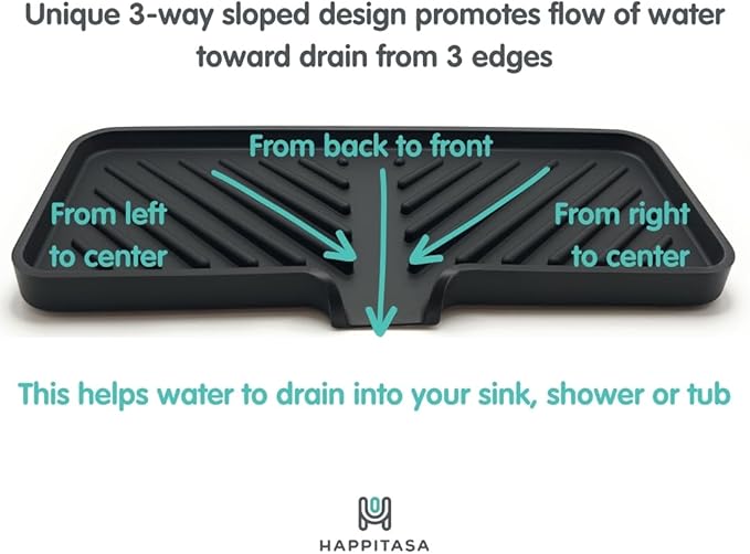 Happitasa Silicone Soap Dish Tray and Sponge Holder with Drain Chute and Feet | 3-Way Sloped Design | Bathroom and Kitchen Sink Organizer Caddy (Grey, 10"x4")