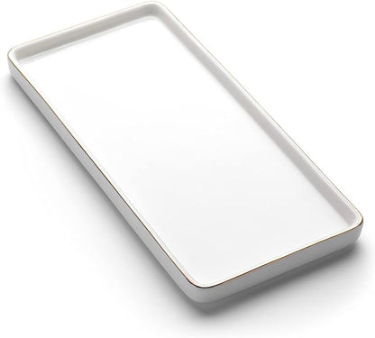 Gurygo 8" Bathroom Tray, Ceramic Vanity Trays for Bathroom, Small Ceramic Trays, Kitchen Soap Tray for Kitchen Counter (White with Gold-Edged, 8",Set/1)