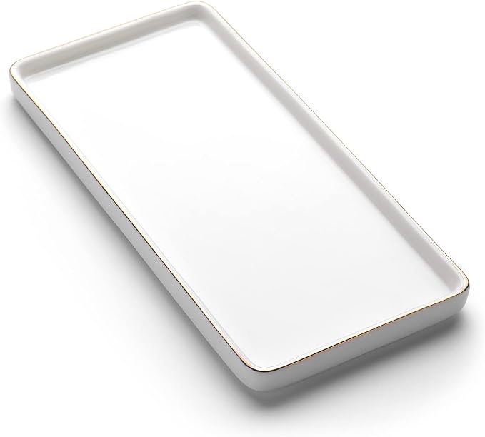 Gurygo 10" Bathroom Tray, Ceramic Vanity Trays for Bathroom, Small Ceramic Tray, Kitchen Soap Trays for Kitchen Counter (White with Gold-Edged, 10",Set/1)