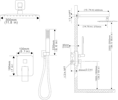 Shower Faucet Set Complete, Wall Mount Shower System for Bathroom 12 Inch High-Pressure Rainfall Shower with Handheld, Rough-in Valve Body and Trim Kit, Matte Black