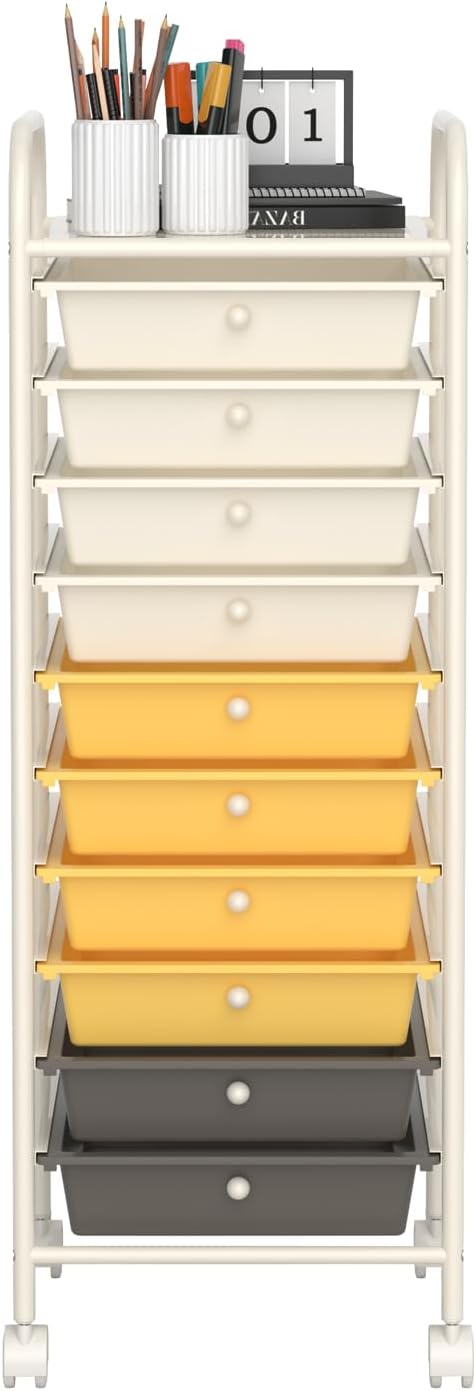 OFFICEJOY Storage Cart, Rolling Utility Cart with 10 Drawers, Portable Handles & Lockable Wheels, Mobile Paper Toys Storage Organizer Large Capacity for Home Office School Teacher (Yellow)