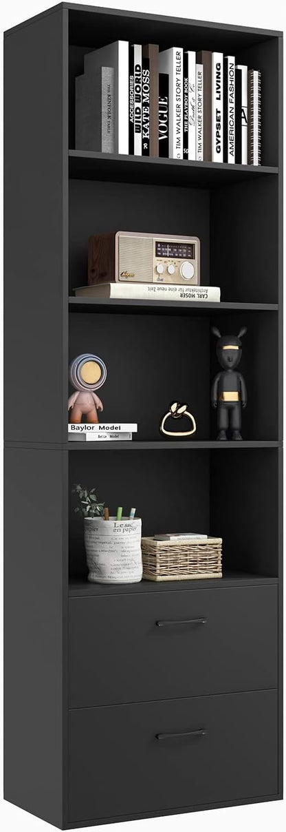 Tangkula 4 Shelf Bookcase with 2 Drawers, 74 Inch 4 Tiers Tall Open Bookshelf with 2 Slide-Out Drawers, Anti-toppling Device, Freestanding Wood Storage Shelf for Home Office (Black, 74" H)
