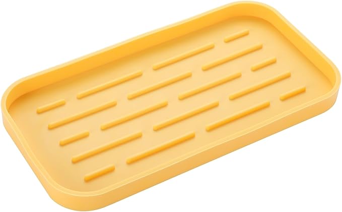 MicoYang Silicone Kitchen Sink Organizer Tray for Multiple Usage,Easy Clean,Eco-Friendly Sponges Holder for Kitchen Bathroom Counter or Sink,Dish Soap Dispenser,Scrubber,Bottle,Cup Yellow 10”x 5.3”