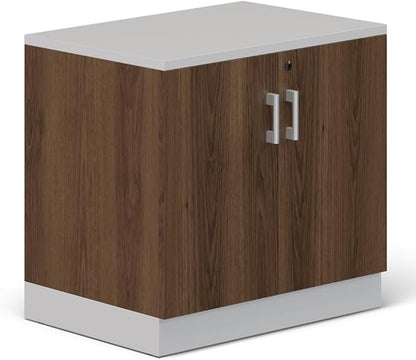 NBF 29.4" H Two Door Storage Cabinet - Walnut Laminate, Modern Office Cabinet with Lockable Doors, 2 Adjustable Shelves, 29.5" H x 31.5" W x 22" D