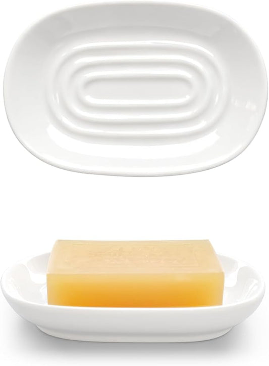 Ceramic Soap Dish for Bath Sink- Modern White Bar Soap Holder for Shower - Easy to Clean Multi-Purpose Oval Soap Dishes for Soap Bar, Sponges, Jewelry, Small Items | Fits Bathroom & Kitchen