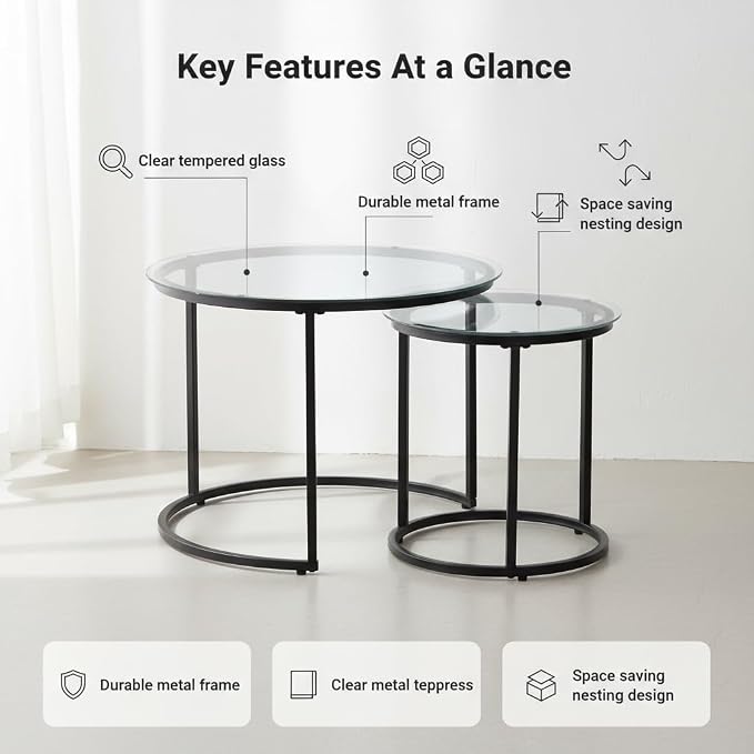 Round Nesting Coffee Table Set of 2, Modern Glass Nesting Tables, Stacking Minimalist End Table for Living Room Bedroom Small Space, Clear Tempered Glass and Black
