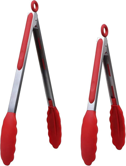 IOCBYHZ Kitchen Silicone Tongs for Cooking with Non-Slip Silicone Tips, 600°F Heat Resistant Cooking Food Tong Set Heavy Duty Stainless Steel Handle for Baking Grilling BBQ Serving, 2 Pack (9" & 12")
