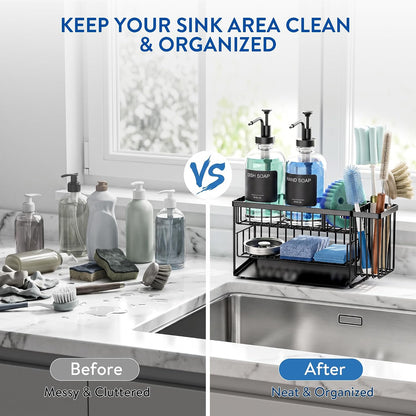 Kitchen Soap Dispenser Set with 2 Tier Sink Caddy with 17oz Glass Bottle | Large Capacity, Automatically Drains Water and Includes a Brush Holder for Storing Long Brushes