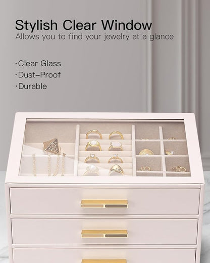 Vlando Jewelry Box for Women, Glass Lid Jewelry Organizer with 3 Drawers for Necklaces Rings Earrings Bracelets - Light Pink