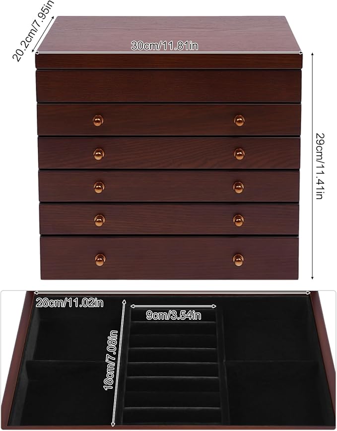 Wood Jewelry Box 6-Tier Large Jewelry Organizer Cabinet with 5 Drawers Women Girls Storage Display Case for Necklace Rings Earrings Accessories, with Mirror and Lock (With Mirror)