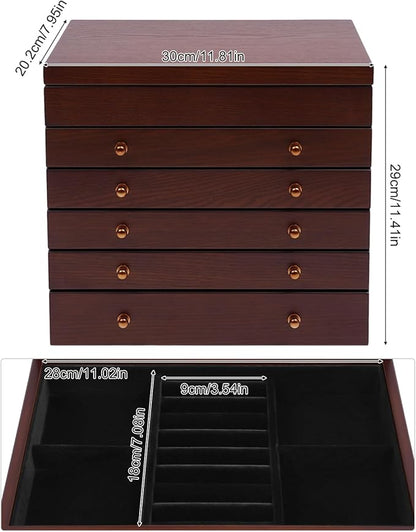 Wood Jewelry Box 6-Tier Large Jewelry Organizer Cabinet with 5 Drawers Women Girls Storage Display Case for Necklace Rings Earrings Accessories, with Mirror and Lock (With Mirror)