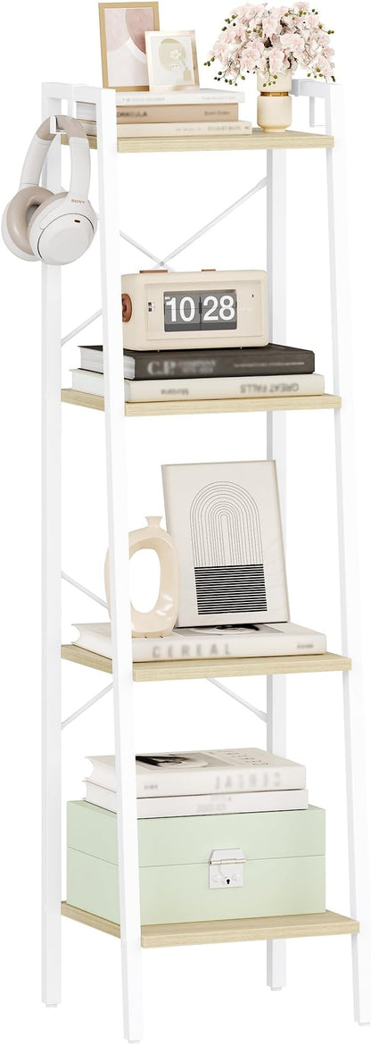 Ladder Shelf, Bookshelf Bookcase, Freestanding Corner Storage Shelve with 2 Hooks for Home Office, Living Room, Kitchen, Bedroom, Industrial, 11.8" D x 13.4" W x 47.2" H, White Oak and White