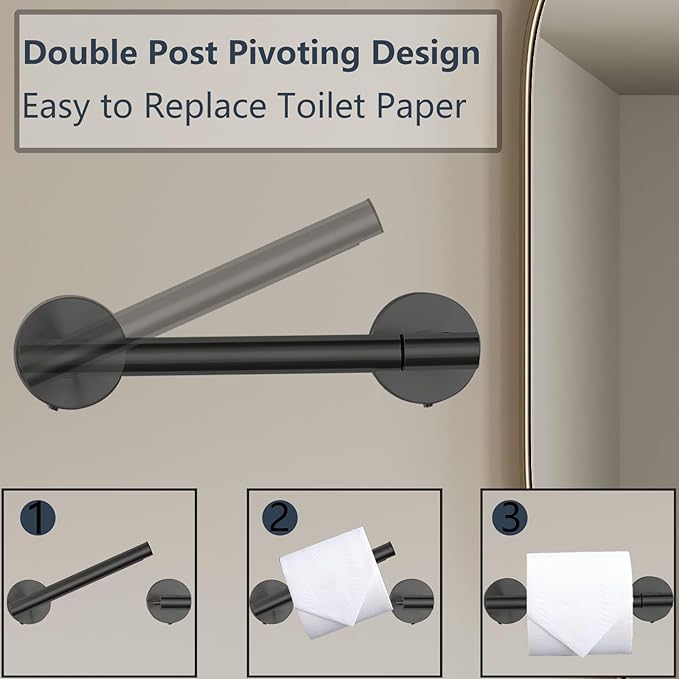 Toilet Paper Holder, Double Post Pivoting Design, Stainless Steel Rustproof Bathroom Tissue Holder, Wall Mount Fits Mega Rolls, for Home, RV, Commercial Bathroom Black