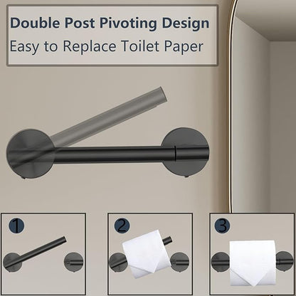 Toilet Paper Holder, Double Post Pivoting Design, Stainless Steel Rustproof Bathroom Tissue Holder, Wall Mount Fits Mega Rolls, for Home, RV, Commercial Bathroom Black