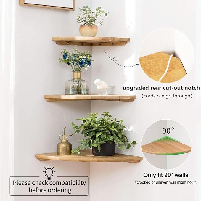 Conamily Corner Shelf, Solid Oak Wood Floating Corner Shelf Wall Mount Round End Floating Speaker with Wire Hole for Small Plant Photo for Bedroom Kitchen, Living Room