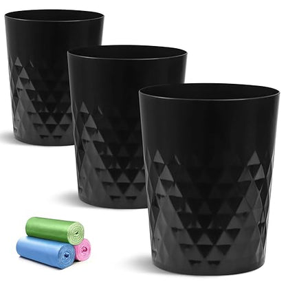 YGJT Small Trash Can, 3 Pack 1.8 Gallons Bathroom Trash Can, Slim Waste Basket, Round Garbage Can, Plastic Trash Bin for Kitchen, Dorm, Bedroom, Office, Living Room, Study, Compact Spaces(Black B)
