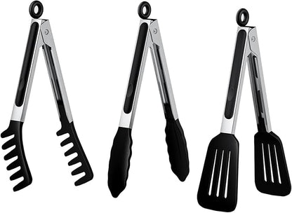 HST Tongs for Cooking with Silicone Tips(3 Pack), Non Stick Kitchen Tongs with Silicone Tip for Cooking BBQ Baking (12", Black)