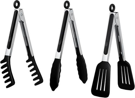 HST Tongs for Cooking with Silicone Tips(3 Pack), Non Stick Kitchen Tongs with Silicone Tip for Cooking BBQ Baking (12", Black)