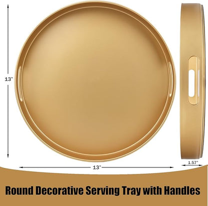 Gold Round Decorative Tray with Handles, 13" Versatile Serving Tray for Coffee Table, Ottoman, Ideal for Serving, Displaying, Organizing