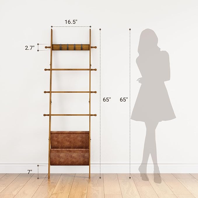ELYKEN Blanket Ladder for Living Room, 5-Tier Wooden Towel Rack with Synthetic Leather Pocket, 4 Removable Hooks, Decorative Leaning Ladder Shelf for Bedroom, Walnut