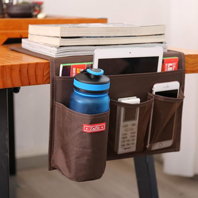 Zafit Bedside Storage Organizer - Table Cabinet Organizer Caddy for Remotes, Phone, Glasses (4 Pockets - Coffee)