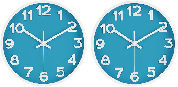 HIPPIH Wall Clock 2 Pack, 10 Inch Modern Wall Clocks Battery Operated, Non Ticking Silent Wall Clock, Simple Small Analog Wall Clock for Living Room, Bedroom, Kitchen, School, Office, Blue