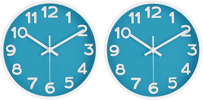 HIPPIH Wall Clock 2 Pack, 10 Inch Modern Wall Clocks Battery Operated, Non Ticking Silent Wall Clock, Simple Small Analog Wall Clock for Living Room, Bedroom, Kitchen, School, Office, Blue
