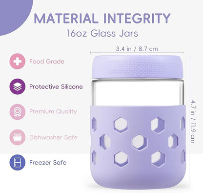 Gemice 6-Pack 16 oz Overnight Oats Containers with Lids and Silicone Sleeves, Glass Mason Jars with Airtight Lid, Dishwasher Safe, Wide Mouth Chia Seed Pudding Meal Prep Jar for Yogurt Berries Snack
