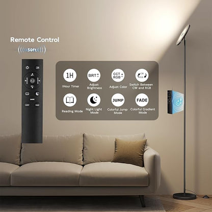 SUNMORY Smart RGB Floor Lamps for Living Room, 32W Bright LED Floor Lamp with APP and Remote Control, Tall Standing Lamp with Stepless Dimmable, Modern Torchiere Corner Lamp for Bedroom, Gaming Room