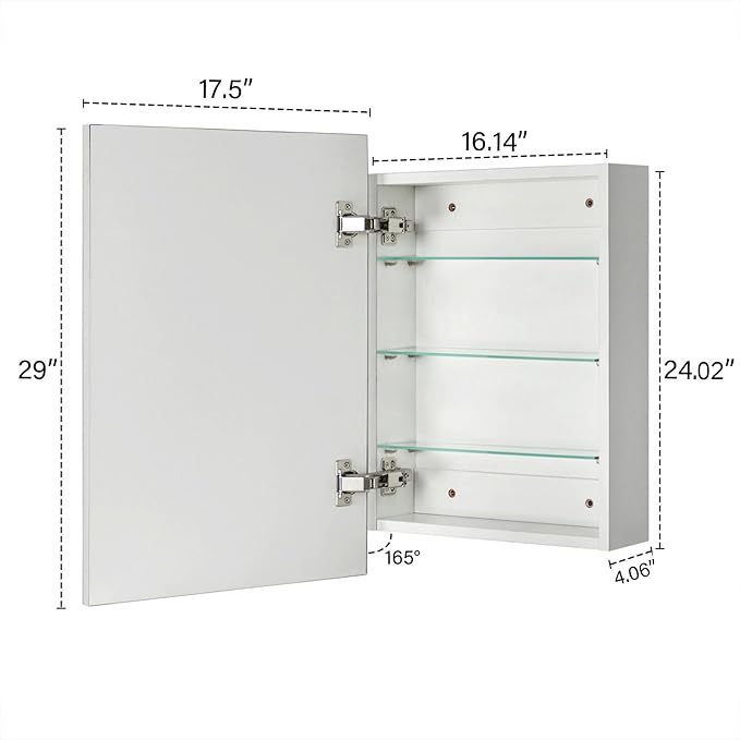 TEHOME 17.5'' x 29'' Polished Nickel Recessed and Surface Mount Bathroom Medicine Cabinet with Mirror Square Cornered Metal Framed Rounded Rectangle Medicine Cabinet Mirror