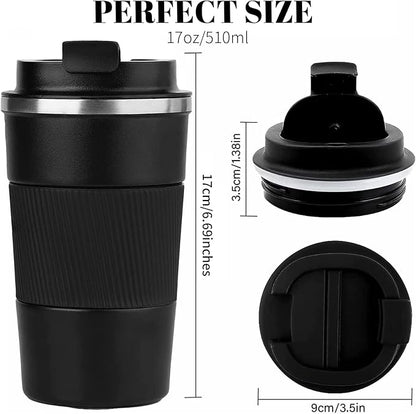 YINBAOGE Insulated Travel Coffee Mug, Spill & Leak Proof, Portable To Go Camping Stainless Steel Coffee Tumbler, Reusable Thermal Coffee Cup with Lid for Hot & Cold Drinks (Black, 17 OZ)