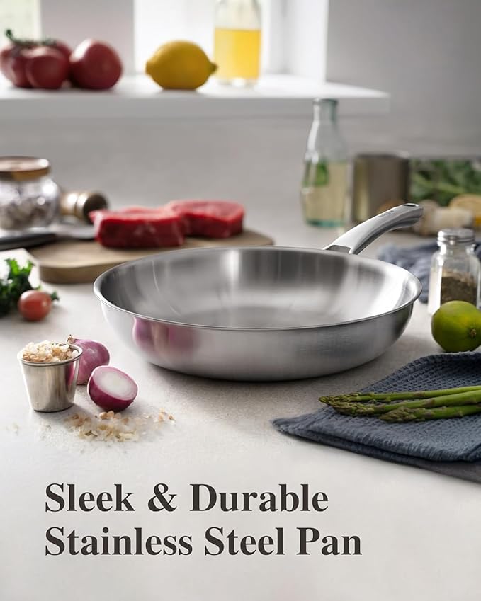 Stainless Steel Skillet, PFOA & PTFE Free 12 Inch Tri-Ply Chef's Pan, Dishwasher & Oven Safe Cookware, Compatible with Induction, Ceramic & Gas Cooktops