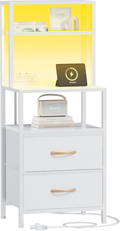 Furnulem Night Stand, Tall White Nightstand with 4-Tier Shelves, 2 PU Fabric Drawers and Led Lights, Bed Side Tables with Charging Station, Bedside Table for Bedroom