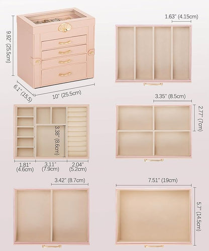 Jewelry Box with 4 Drawers : Display Organizer for Earrings Necklaces - Christmas Gifts for Girls Women (Peach Pink)