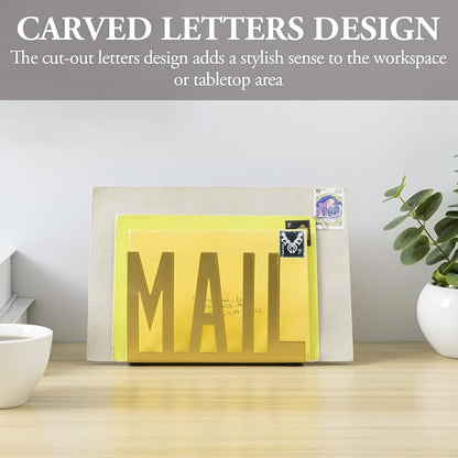 MyGift Mail Holder Organizer Countertop Modern Golden Metal with Cutout MAIL Lettering Design, Office Desktop Envelope and Document Storage Rack