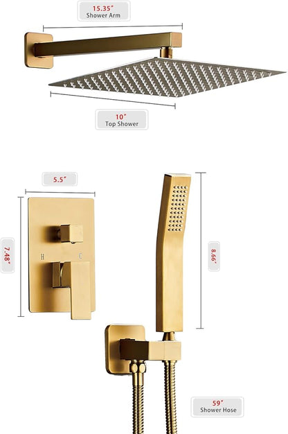SaniteModar Shower Head, 10 Inch Bathroom Shower System, Multi-function Rainfall Square Shower Head, Wall Mounted Shower System Shower Head Trim Kit, Brushed Gold