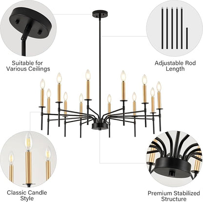 12 Light Modern Farmhouse Black and Gold Chandeliers for Dining Room Light Fixture, Metal Candle Chandelier Lighting Fixtures for Living Room Stair Foyer Entryway Bedroom Kitchen