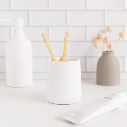 Yew Design Matte White Toothbrush and Toothpaste Holder and Cup for Bathroom Vanity and Countertop, Round Organizer for Electric Toothbrushes, Floss, Razors, Cotton, and Mouthwash
