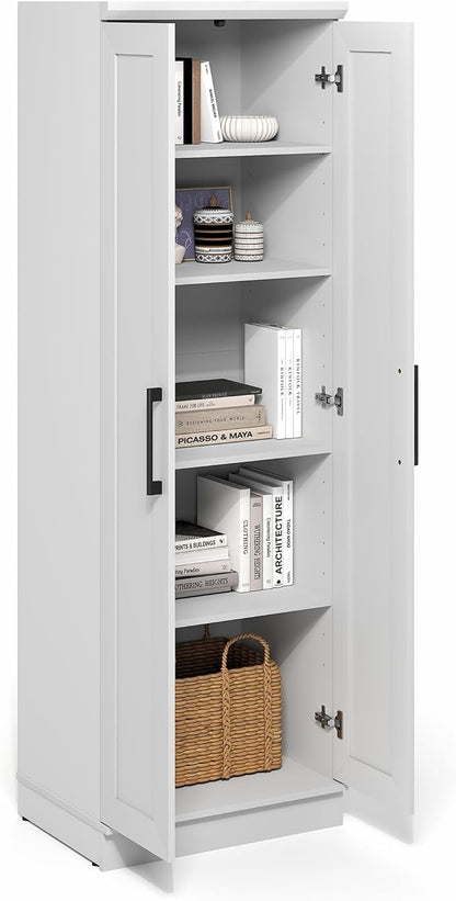 Furinno Robin Storage Cabinet, 5-Tier Pantry Cabinet with Adjustable Shelves, 23W with 2 Shaker-Doors, Kitchen Cabinet, Organization and Storage, for Pantry, Living Room, Home Office, White