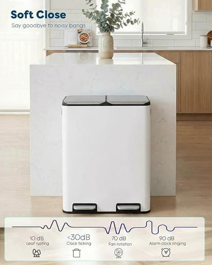 ComfyCorner 16 Gal (2 x 30 L) Dual Trash Can, Stainless Steel Kitchen Garbage Bin, Recycle Dustbin with Odor Control Box, Soft-Close Lid, Inner Buckets, Side Handle, Step Pedal, for Home Office