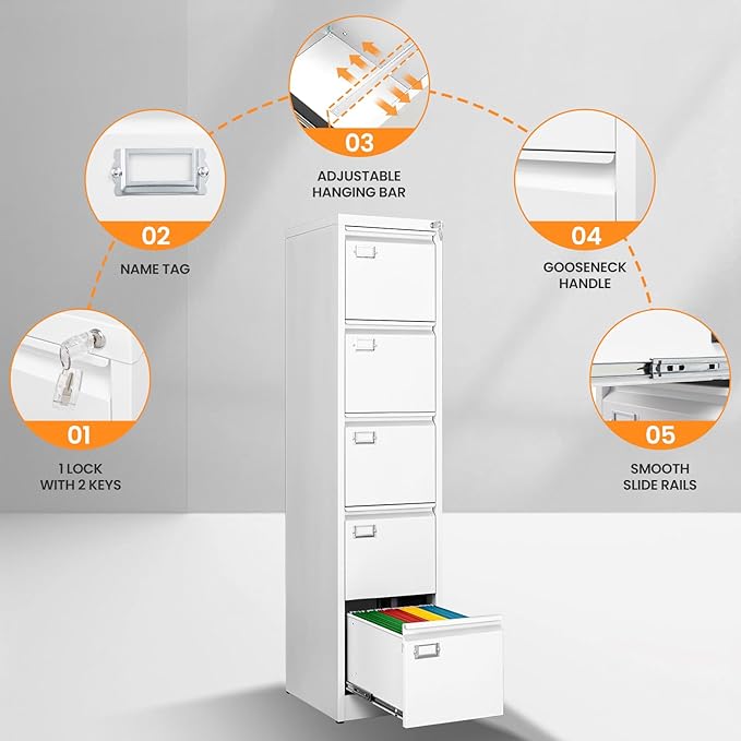 5 Drawer File Cabinet with Lock, Metal Filing Cabinets for Home Office, Vertical White Locking File Caninet, Steel Narrow Five Drawer File Cabnet for Letter/Legal / A4 / B4- Assembly Required