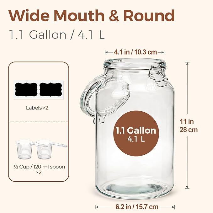 ComSaf 2 Pack 1 Gallon Glass Jars with Lids, Glass Flour Sugar Storage Containers for Pantry & Kitchen Organization, Extra Large Mason Jars with airtight lid, Coms with Labels & Massuring Cups.