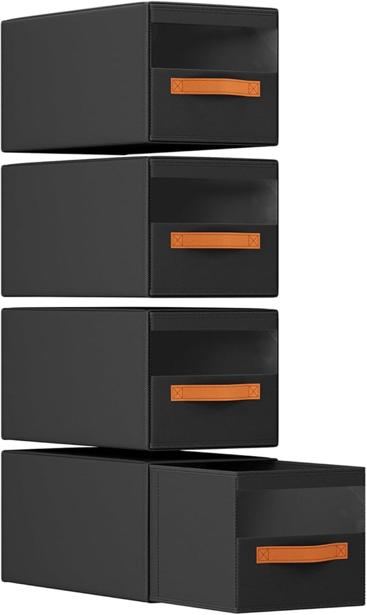 DIMJ Closet Organizers and Storage - Fabric Bins with Drawers for Closet Foldable Clothes Organizers with Clear Window, Stackable Storage Drawers Units for Hat, 4-Pack, Black